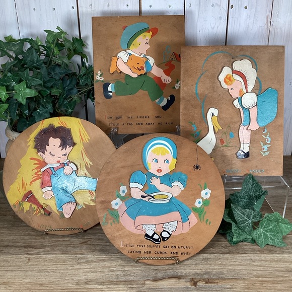 Vtg Wood Nursery Rhyme Wall Decor Miss Muffet, Little Boy Blue, Goosey, Tom Tom - Picture 1 of 16